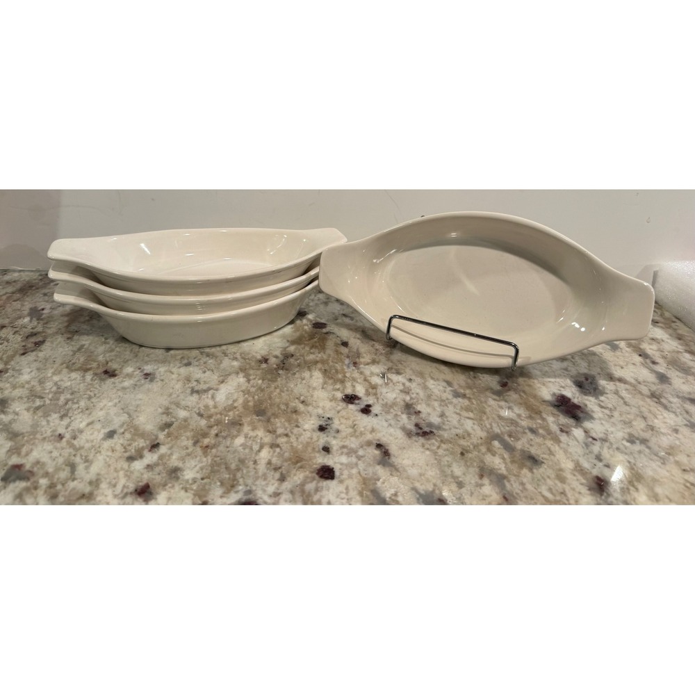 Set of 4 white Ceramic‎ Oval Boat Serving Dishes Individual Au Gratin Bowls